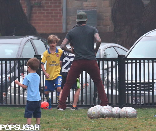 David Beckham hit the field with his sons, playing soccer while his wife, Victoria Beckham, stood on the sidelines.
David Beckham hit the field with his sons, playing soccer while his wife, Victoria Beckham, stood on the sidelines.
