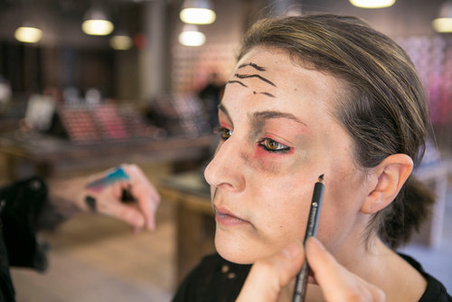 To create the appearance of "dirty wrinkles," Bouchard used the black pencil to haphazardly trace any lines where wrinkles naturally form when you raise your eyebrows or even smile.
To create the appearance of "dirty wrinkles," Bouchard used the black pencil to haphazardly trace any lines where wrinkles naturally form when you raise your eyebrows or even smile.