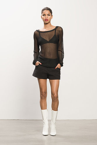 Fishnet Black Sweater ($395), Cashmere Black Bra ($125), Pique Black Shorts ($375), Follow Me White Patent Mid-Calf Boot ($995)
Photo courtesy of Tamara Mellon
Fishnet Black Sweater ($395), Cashmere Black Bra ($125), Pique Black Shorts ($375), Follow Me White Patent Mid-Calf Boot ($995)
Photo courtesy of Tamara Mellon