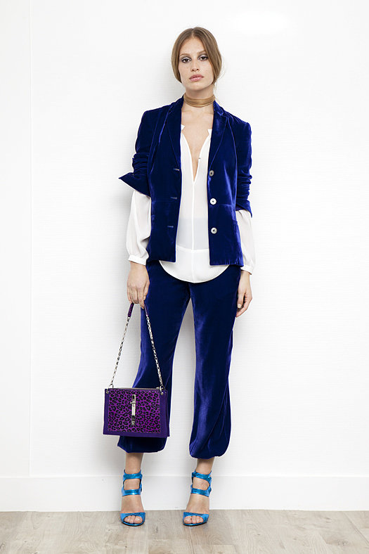 Peasant Blouse in Cream Silk ($350), Velvet Short Blazer in Electric Blue ($1,095), Velvet Elastic Bottom Pant in Electric Blue ($695), Fatale Watersnake High Heel Sandal in Turquoise ($995), Attraction Pony Shoulder Bag in Purple Leopard ($1,995)
Photo courtesy of Tamara Mellon
Peasant Blouse in Cream Silk ($350), Velvet Short Blazer in Electric Blue ($1,095), Velvet Elastic Bottom Pant in Electric Blue ($695), Fatale Watersnake High Heel Sandal in Turquoise ($995), Attraction Pony Shoulder Bag in Purple Leopard ($1,995)
Photo courtesy of Tamara Mellon