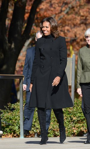 While commemorating Veterans Day at Arlington National Cemetery, she kept warm and chic in Burberry's tailored topper.
While commemorating Veterans Day at Arlington National Cemetery, she kept warm and chic in Burberry's tailored topper.