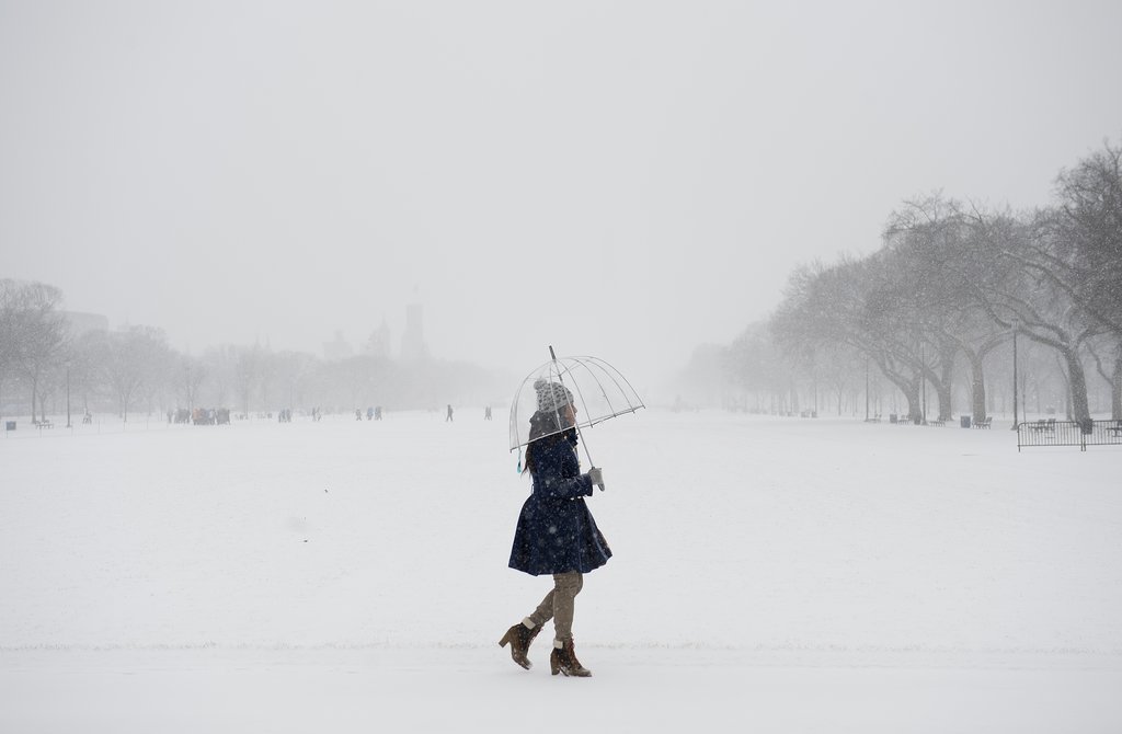 A woman walked through the snowy park in Washington DC. A woman walked through the snowy park in Washington DC.