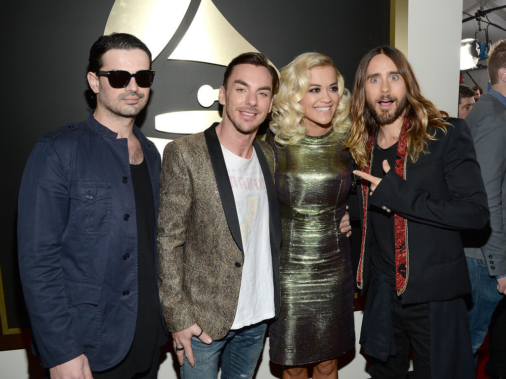 Jared Leto and Thirty Seconds to Mars with Rita Ora at the 2014 Grammy Awards.
