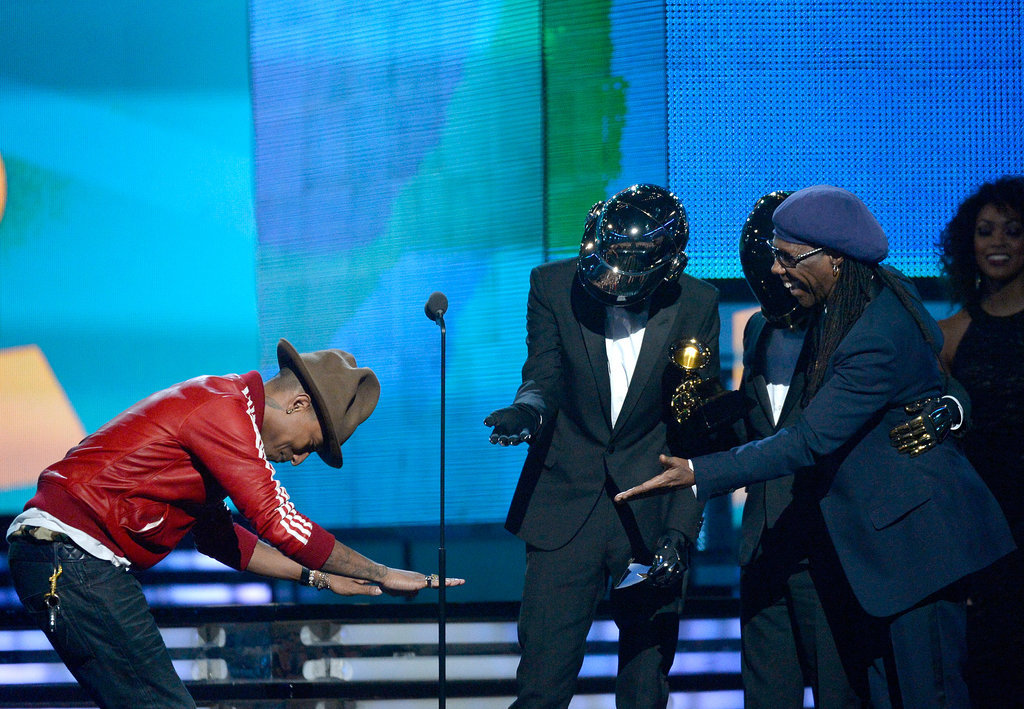 Pharrell Williams bowed down to Daft Punk as the duo accepted its award for "Get Lucky."
Pharrell Williams bowed down to Daft Punk as the duo accepted its award for "Get Lucky."