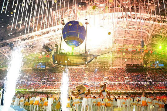 Lights, fireworks, and confetti filled the stadium at the end of the closing ceremony. Lights, fireworks, and confetti filled the stadium at the end of the closing ceremony.