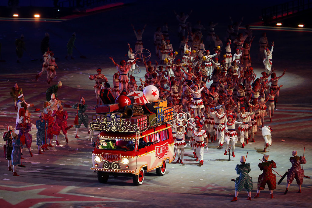 A circus bus made its way through the stadium.
