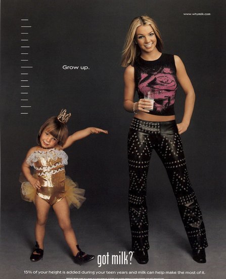 For a second "Got Milk?" ad, Britney Spears posed alongside her childhood self. For a second "Got Milk?" ad, Britney Spears posed alongside her childhood self.