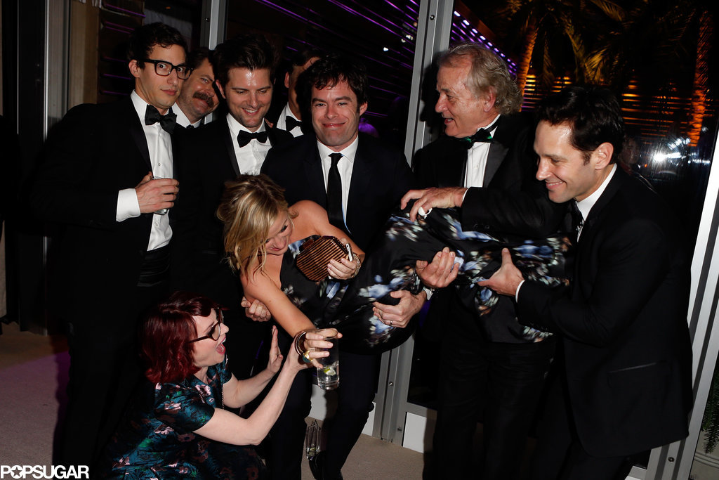 Amy Poehler got a lift from Andy Samberg, Nick Offerman, Bill Hader, Adam Scott, Bill Murray, and Paul Rudd with a little extra help from Megan Mullally at the Vanity Fair afterparty.
Amy Poehler got a lift from Andy Samberg, Nick Offerman, Bill Hader, Adam Scott, Bill Murray, and Paul Rudd with a little extra help from Megan Mullally at the Vanity Fair afterparty.