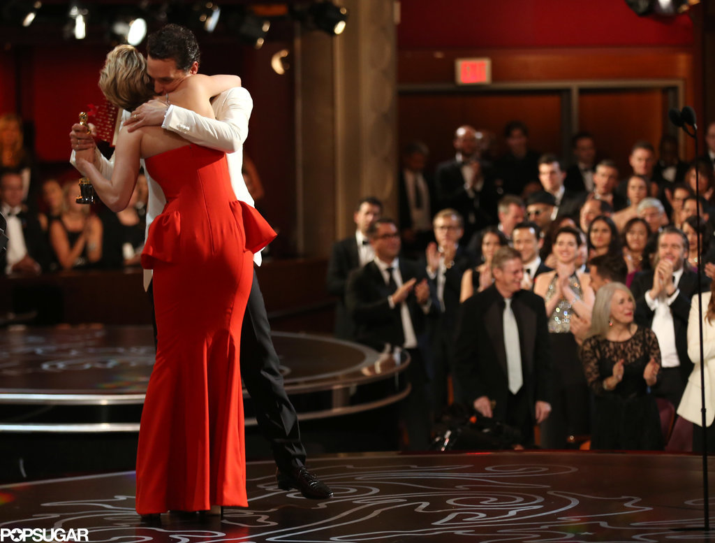 Matthew McConaughey got a huge hug from Jennifer Lawrence after she presented him with the statue for best actor.
Matthew McConaughey got a huge hug from Jennifer Lawrence after she presented him with the statue for best actor.