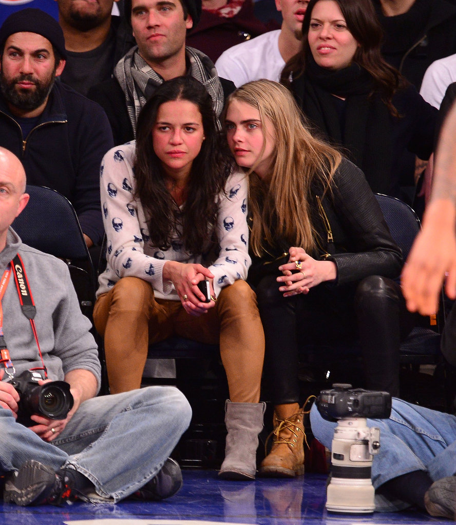 Cara Delevingne leaned up against Michelle Rodriguez when the Detroit Pistons played the New York Knicks in January.
Cara Delevingne leaned up against Michelle Rodriguez when the Detroit Pistons played the New York Knicks in January.
