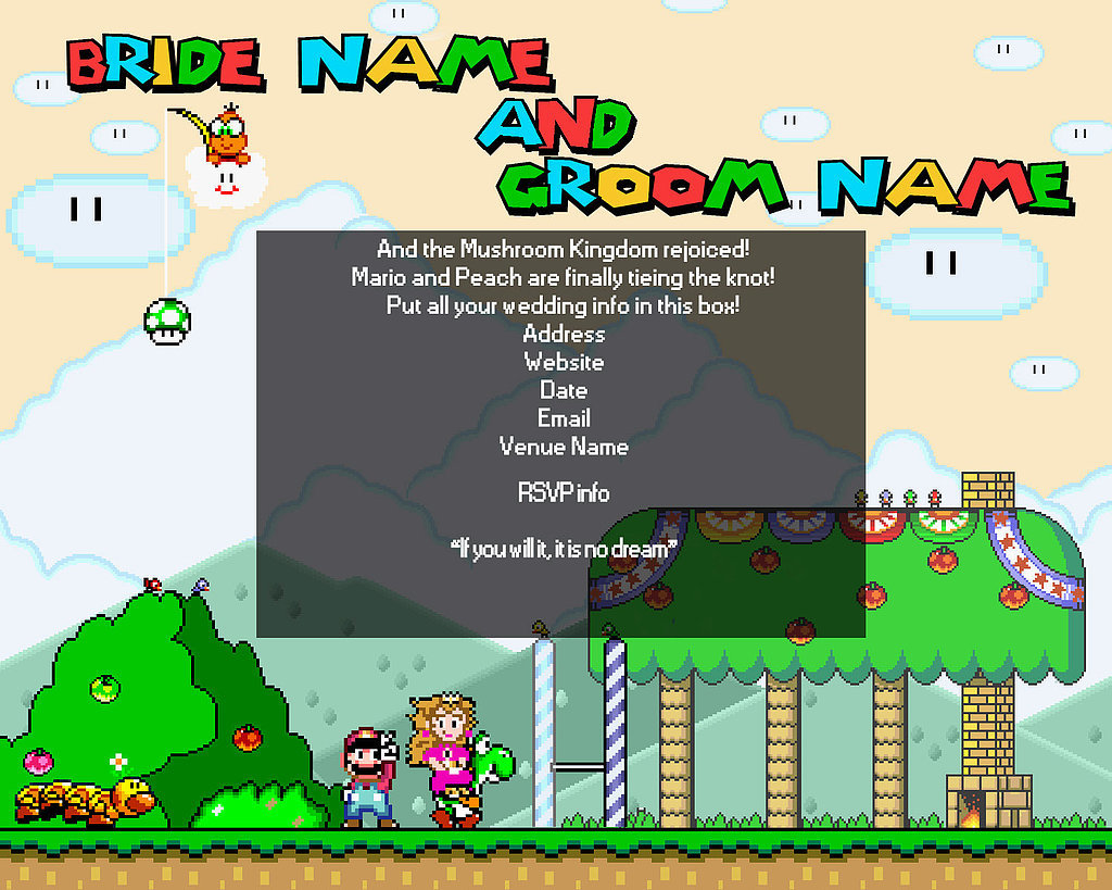 Attention, gamers. Bring your Nintendo passion to life with these old-school Super Mario invitations ($75 for digital file).
Attention, gamers. Bring your Nintendo passion to life with these old-school Super Mario invitations ($75 for digital file).