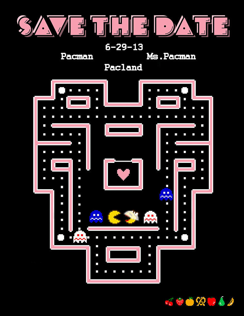 Relive all those sweet arcade dates with this cute Pac-Man save the date ($75 for digital file).
Relive all those sweet arcade dates with this cute Pac-Man save the date ($75 for digital file).