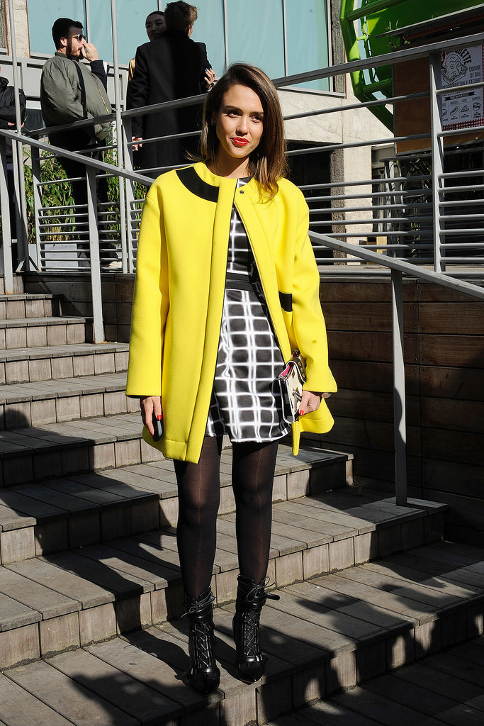 Jessica Alba in Printed Kenzo Dress and Yellow Kenzo Coat Jessica Alba in Printed Kenzo Dress and Yellow Kenzo Coat