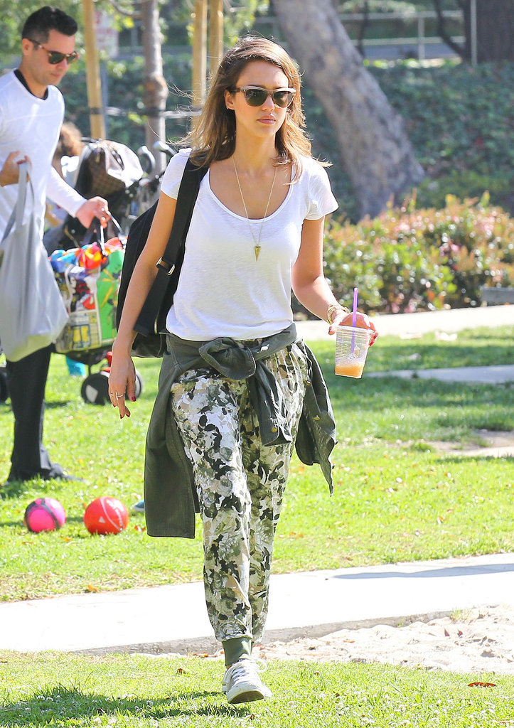 Jessica Alba in Printed Wayf Crepe Pants and Metallic Converse Jessica Alba in Printed Wayf Crepe Pants and Metallic Converse