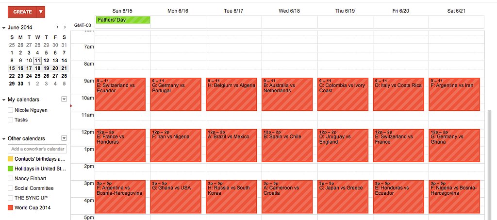 Add the entire World Cup schedule to your Google Calendar. Add the entire World Cup schedule to your Google Calendar.
