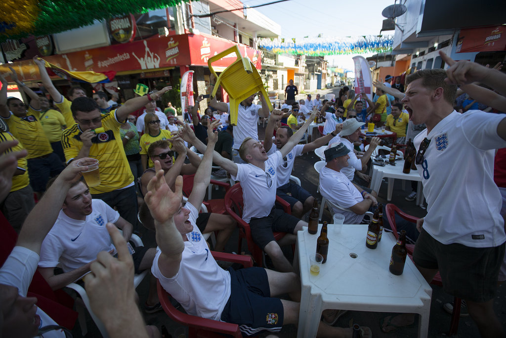 In Manaus, Brazil, fans of England gathered to sing and cheer ahead of their team's game against Italy.
In Manaus, Brazil, fans of England gathered to sing and cheer ahead of their team's game against Italy.
