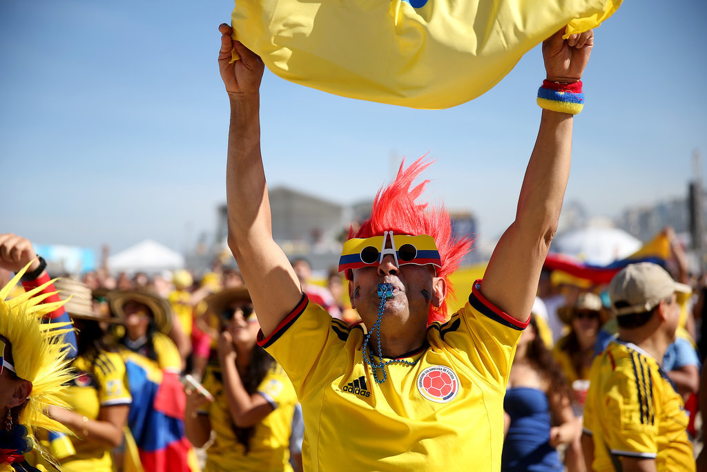 A Colombian soccer fan cheered on the beaches of Rio de Janeiro, Brazil.
A Colombian soccer fan cheered on the beaches of Rio de Janeiro, Brazil.