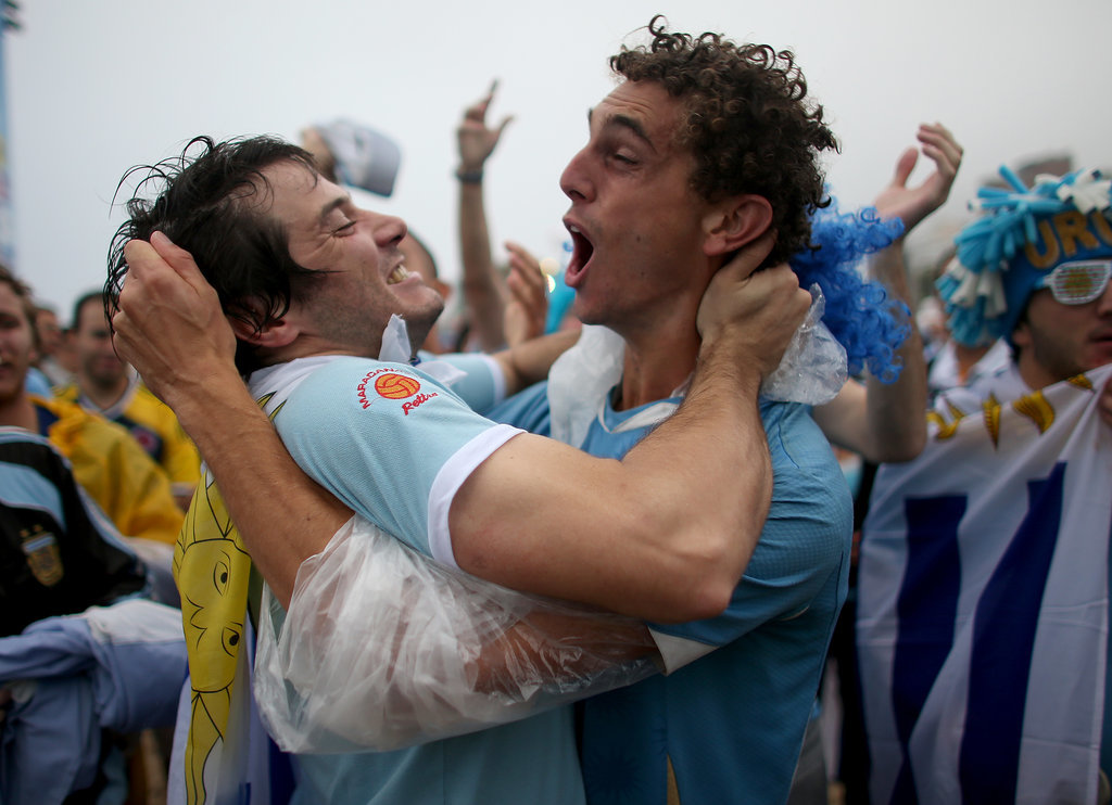 Uruguay fans celebrated after the team scored its first goal against England.
Uruguay fans celebrated after the team scored its first goal against England.