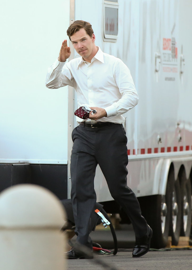 Benedict Cumberbatch gave a little salute on the Boston set of Black Mass on Tuesday.
Benedict Cumberbatch gave a little salute on the Boston set of Black Mass on Tuesday.