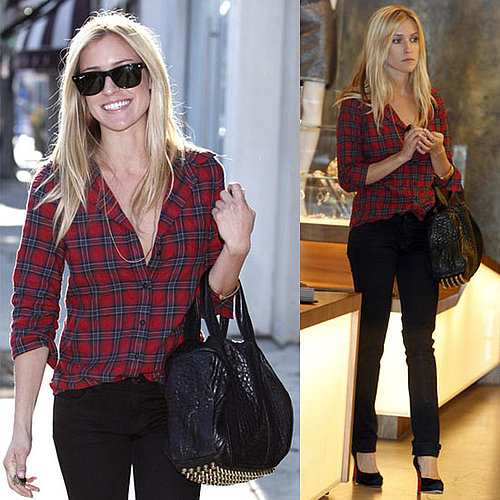 Kristin Cavallari Shops in LA Wearing Red Plaid Elizabeth and James Shirt and Alexander Wang Stud Bag