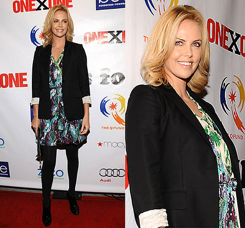 Actress Charlize Theron at the ONEXONE Foundation Gala in San Franciso Wearing a Print Dress and Black Blazer