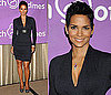 Halle Berry Wears Navy Blue Yigal Azrouel Dress and Blue Gray Suede Pumps