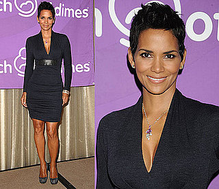 Halle Berry Wears Navy Blue Yigal Azrouel Dress and Blue Gray Suede Pumps