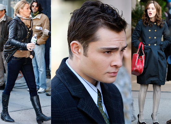 Ed Westwick Leighton Meester and Blake Lively Filming Gossip Girl