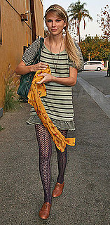 Straight-Haired Taylor Swift in LA Wearing Striped Dress, Floral Scarf, and Patterned Tights
