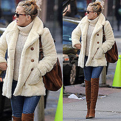 Kate Hudson Wears Ivory Fur Coat and Brown Suede Stuart Weitzman Over the Knee Boots in NYC Kate Hudson Wears Ivory Fur Coat and Brown Suede Stuart Weitzman Over the Knee Boots in NYC
