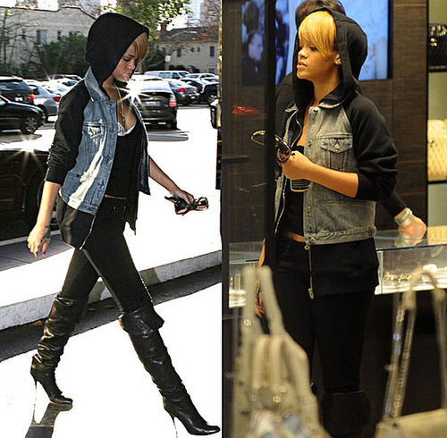 Rihanna in LA Wearing Alexander Wang Denim Hoodie Jacket and Over-the-Knee Boots