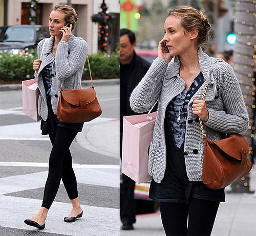 Diane Kruger Shops in Beverly Hills With Gray Cozy Sweater and Tan Bag