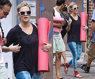 Photos of Drew Barrymore in Tie-dyed Leggings and Sunglasses after Yoga Class in NYC