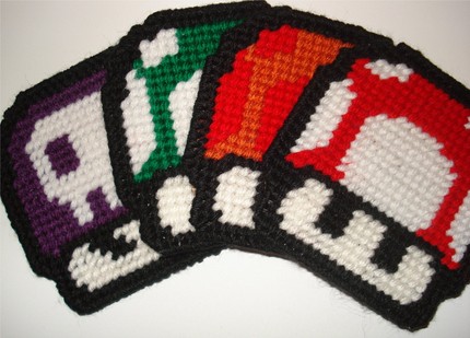 Hand-Knitted Mario Mushroom Coasters From Etsy