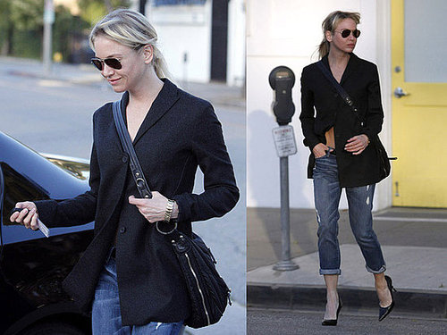 Renee Zellweger in Hollywood Wearing Black Blazer and Tod's Crossbody Bag