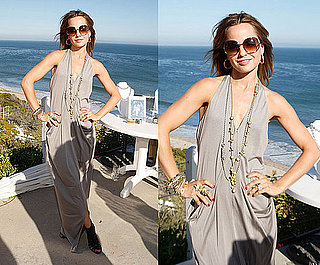 Mena Suvari Attends a Jewelry Party on the Beach Wearing Gray Alice + Olivia Halter Maxi