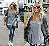 Sienna Miller in Gray Tank and Cardigan and White Oxfords Walking Along Bondi Beach