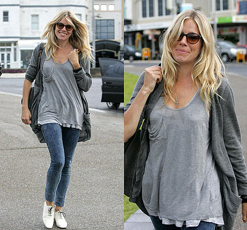 Sienna Miller in Gray Tank and Cardigan and White Oxfords Walking Along Bondi Beach
