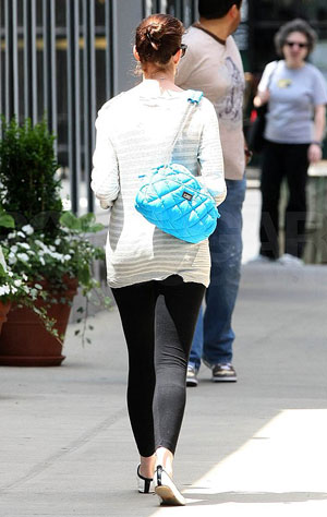Anne Hathaway on the Streets of New York With Turquoise Chanel Bag