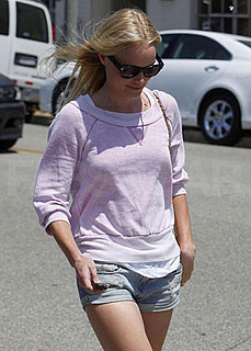 Kate Bosworth Running Errands in LA in Lavender Sweatshirt and Jean Shorts