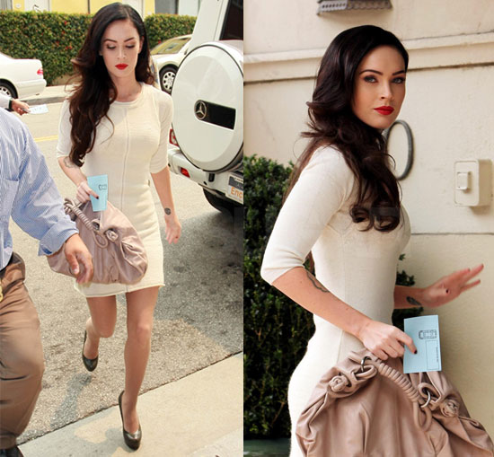 Actress Megan Fox in LA Wearing Ivory Knit Dress, Red Lipstick, and Yves Saint Laurent Platforms Actress Megan Fox in LA Wearing Ivory Knit Dress, Red Lipstick, and Yves Saint Laurent Platforms