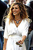 Sarah Jessica Parker as Carrie Bradshaw Filming Sex and the City 2 in White Dress and Colorful Necklace