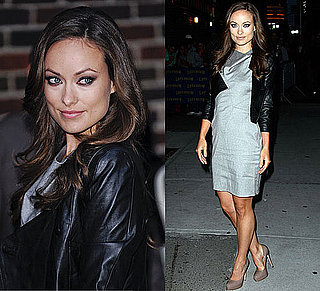 Photo of Olivia Wilde Arriving at The Late Show with David Letterman  in Gray Helmut Lang Dress and Brian Atwood Pumps