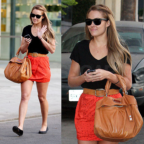 Lauren Conrad in LA Wearing Orange Miniskirt and Ray-Ban Wayfarers