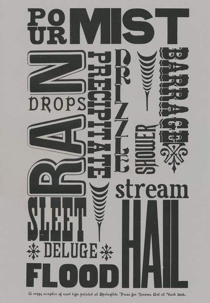 This Soggy Sampler ($15) is a letterpress poster featuring diverse words for rainy weather. This Soggy Sampler ($15) is a letterpress poster featuring diverse words for rainy weather.
