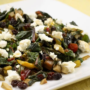 Seasonal Side: Chard with Green Olives, Currants and Goat Cheese