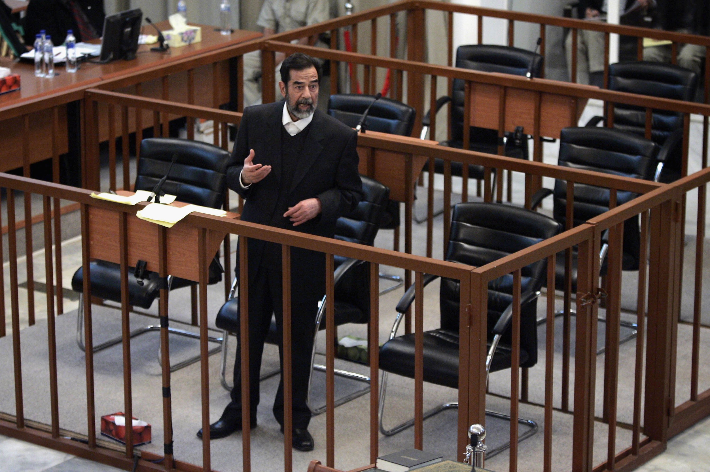 Saddam Hussein argues with prosecutors while testifying during his trial on April 5, 2006. Saddam Hussein argues with prosecutors while testifying during his trial on April 5, 2006.