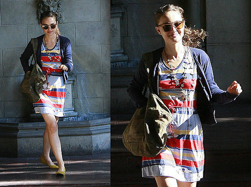 Natalie Portman Goes to Chateau Marmont in Striped Dress and Yellow Flats