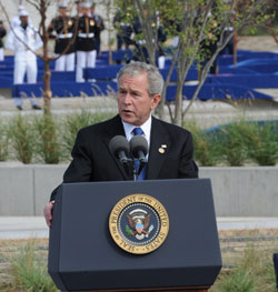 Photo of President Bush Dedicating the Pentagon Memorial Benches on Seven-Year Anniversary of 9/11