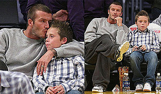 Photos of David and Brooklyn Beckham, Denzel Washington, Sylvester Stallone, Noah Wyle at Lakers vs. Rockets Game